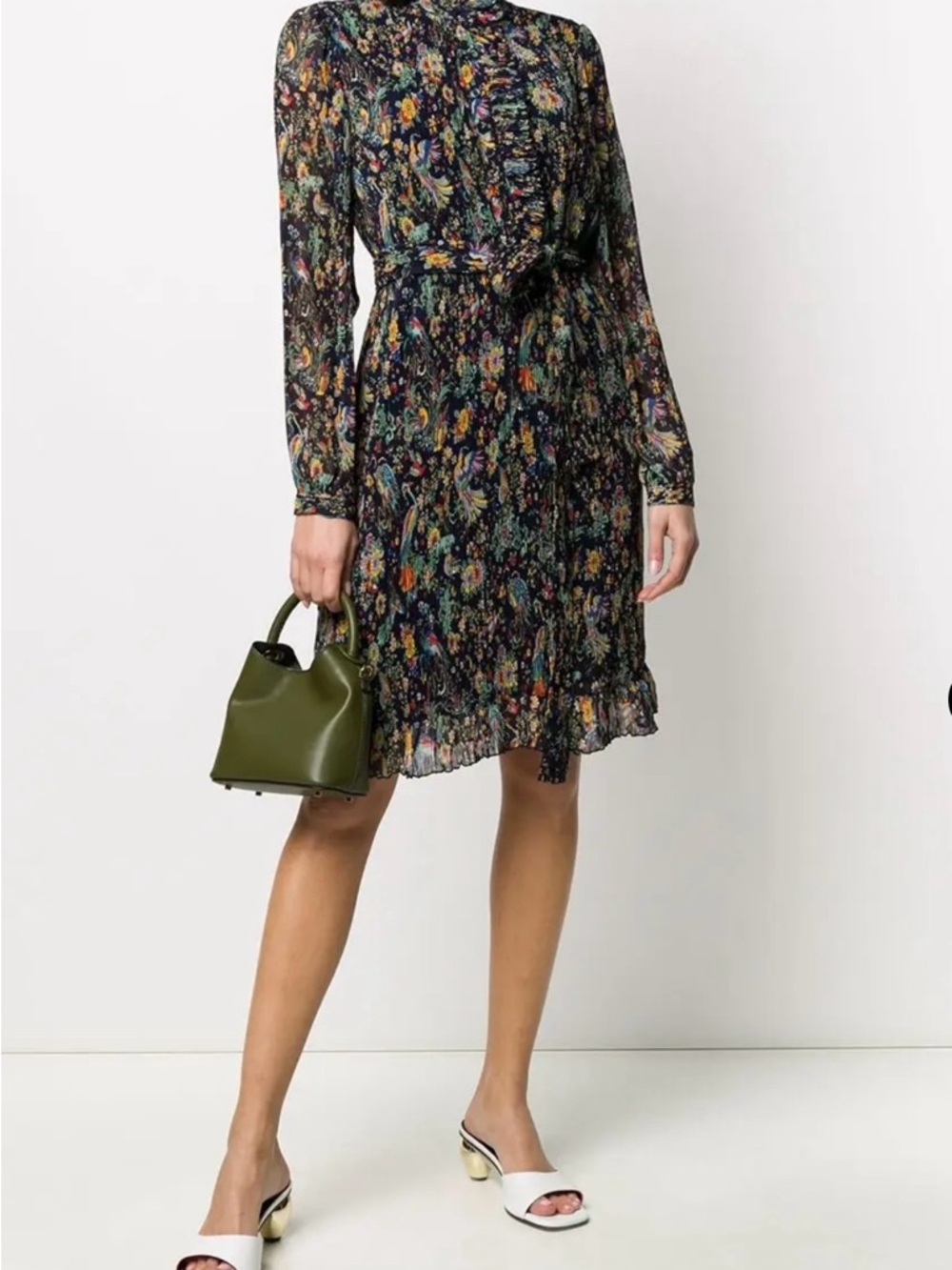 Tory Burch - Floral Pleated Long-Sleeve Belted Dress - Black Multi